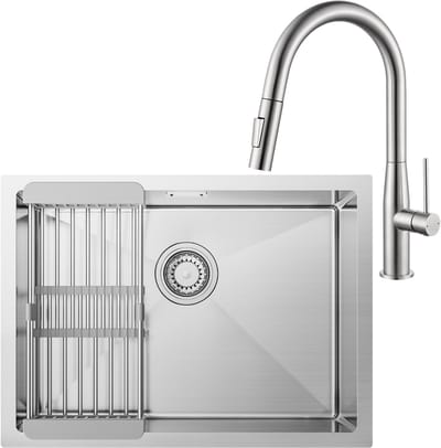 CECIPA Max Spoelbak voor keuken 60x44cm - Inbouwspoelbak - Spoelbakken Keuken Met Keukenkraan Met Uittrekbare Uitloop - Spoelbak Met Verstelbaar Mandje - Met Afdruiprek - RVS