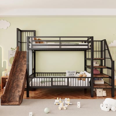 VVBV Stapelbed 90x200 cm - Opbergruimte, Trap/Ladder, Glijbaan, Ruimtebesparend, Voor Kinderen/Tieners - Metaal Zwart