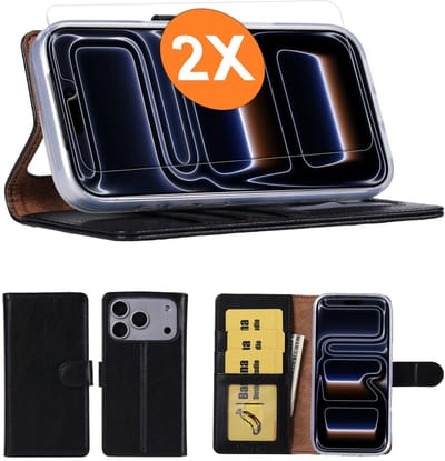 Hoesje geschikt voor iPhone 17 Pro hoesje Zwart pasjeshouder telefoon hoes - Met screenprotector tempered glass voor iPhone 17 Pro - 2x