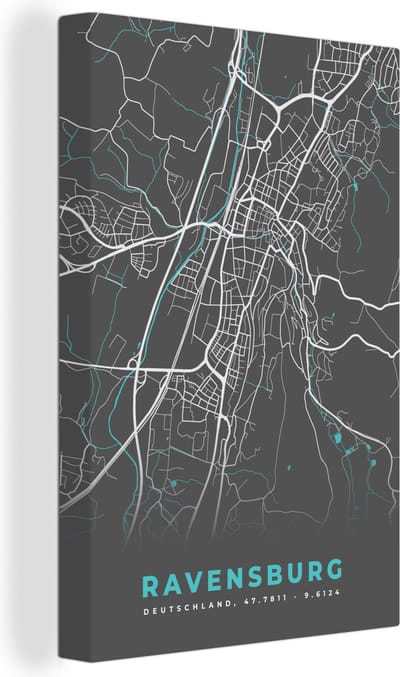 Canvas Schilderij Plattegrond – Ravensburg – Blauw – Stadskaart – Kaart - Duitsland - 20x30 cm - Wanddecoratie