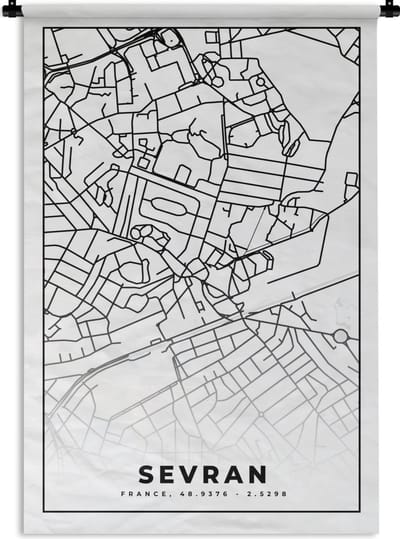 Wandkleed - Wanddoek - Kaart - Sevran - Frankrijk - Stadskaart - Plattegrond - Zwart wit - 120x180 cm - Wandtapijt