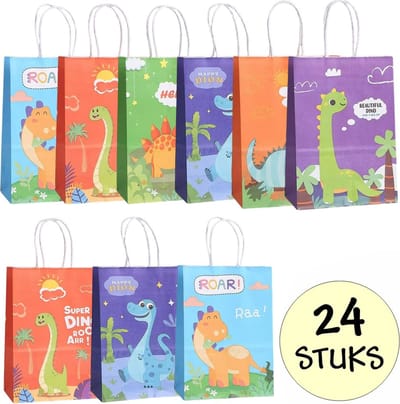 24x Papieren Uitdeeltasjes Dinosaurus - 15x8x21cm - Stevig Papier - Traktatie Zakjes - Papieren Tasjes - Cadeau Zakjes - Uitdeelzakjes - 6 Verschillende Motieven - Kraftpapier - 24 Stuks
