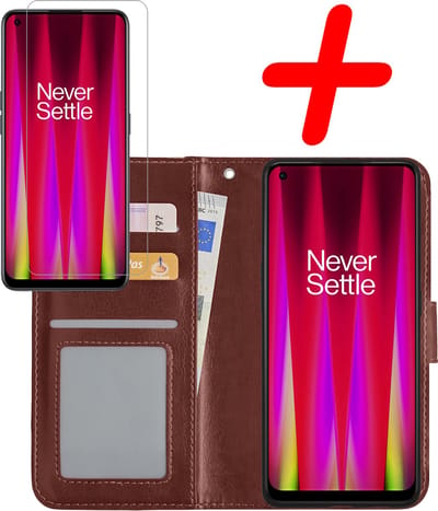 Hoesje Met Screenprotector - Geschikt voor OnePlus Nord CE 2 - Luxe Pasjeshouder - Bookcase Portemonee - Flip Case - Kunstleer Book Case - Flipcase - Book Cover - Walletcase - Portemonneehoes - Bruin