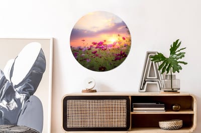 WallCircle - Wandcirkel 60x60 - Zonsondergang - Bloemen - Roze - Natuur - Groen - Ronde schilderijen woonkamer - Wandbord rond - Muurdecoratie cirkel - Kamer decoratie binnen - Wanddecoratie muurcirkel - Woonaccessoires