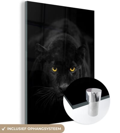 MuchoWow® Glasschilderij 120x160 cm - Schilderij acrylglas - Luipaard - Ogen - Zwart - Foto op glas - Schilderijen
