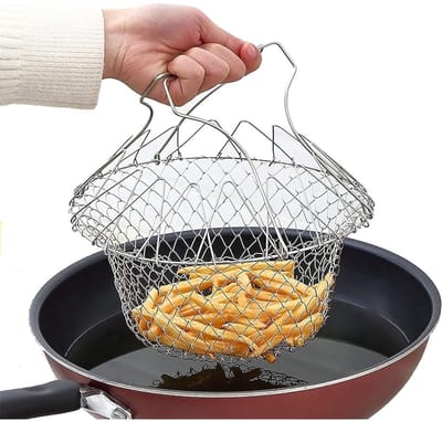 Thuys – Frituurmandje – Opvouwbare Frituurmand – Ronde – 23cm x 12cm x 15cm – Zilver