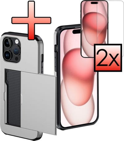 Hoes Geschikt voor iPhone 15 Pro Hoesje Pasjeshouder Hard Cover Met 2x Screenprotector Shock Proof Hard Case Hoes Met Kaarthouder - Grijs