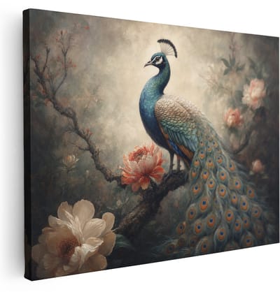 Artaza Canvas Schilderij Pauw Tussen Bloemen - Tropische Vogelsfeer - 80x60 cm - Wanddecoratie Woonkamer - Schilderijen - Muurdecoratie