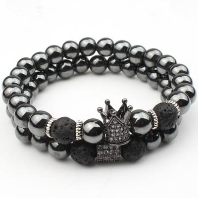 Kralen Armband met Kroon - Donker Chroom - Armbanden Heren Dames - Papa Cadeau Voor Mannen - Vaderdag