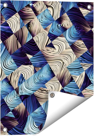 Gards Tuinposter Abstracte Kunst met Blauwe en Gouden Ruiten - 40x50 cm - Tuindoek - Tuindecoratie - Wanddecoratie buiten - Tuinschilderij