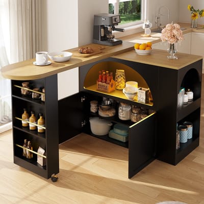 Sweiko Bartafel - Eettafel - Uitschuifbaar 205 cm - LED-verlichting - Verstelbare planken - Zwart + Natuurlijke