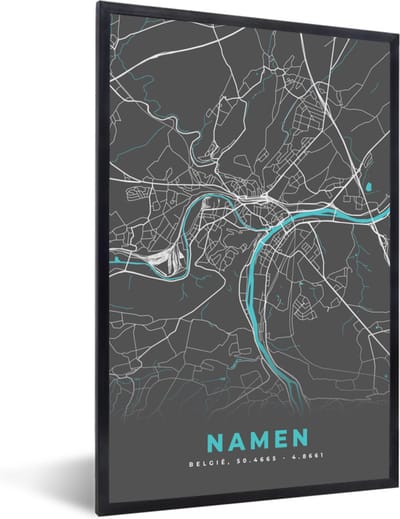 Fotolijst incl. Poster - Stadskaart – Grijs - Kaart – Namen – België – Plattegrond - 40x60 cm - Posterlijst