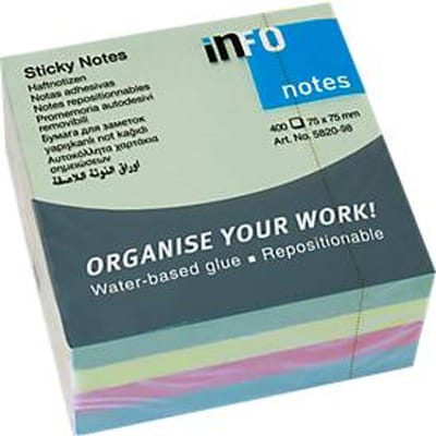 INFO post-its Briljant, 75 mm x 75 mm, 1 x 400 vellen, pastelgroen, geel, blauw, roze