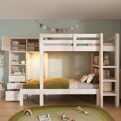Pugsdrly Stapelbed 90 x 200 cm met slim nachtlampje, opvallend ontwerp met kast, plank en lades, veel opbergruimte, 90 x 200 cm, wit, EN747-1:2024