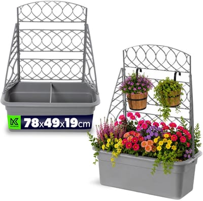KADAX plantenbak met klimrek, 78 x 49 x 19 cm, kunststof bloembak, bloembak met klimrek, plantenbak voor balkon, terras en tuin (grijs)