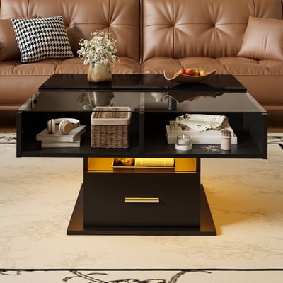 Multifunctionele hoogglans uitschuifbare salontafel - met LED-verlichting - verstelbare hoogte en flexibel opbergruimte - zwart