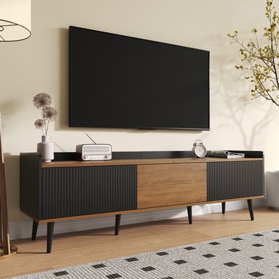 BLACKCOLORS Tv-meubel, tv-tafel, tv-houder, laag meubel met drie deuren. Compacte constructie. Afwerking in zwart en naturel hout. Hoogte 49,5 cm / lengte 160 cm / breedte 39 cm