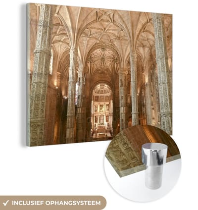 ® Glasschilderij 160x120 cm - Schilderij acrylglas - Het prachtige plafond en de mooie zuilen in het Mosteiro dos Jerónimos - Foto op glas - Muurdecoratie woonkamer - Wanddecoratie slaapkamer - Schilderijen