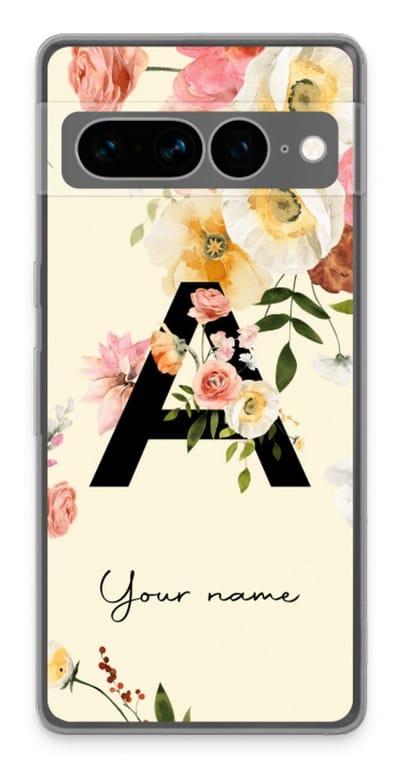 Gepersonaliseerd - Case Company® - Hoesje geschikt voor Google Pixel 7 Pro hoesje - Flirty Flowers Monogram - Soft Cover Telefoonhoesje - Bescherming aan alle Kanten en Schermrand