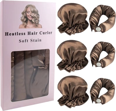 Hittevrije Krulband van Satijn – 3-delige Curling Rod voor Krullen zonder Hitte – Overnight Haar Kruller - BRUIN