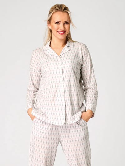 Key Katoenen Dames Pyjama Lange Mouw Zomer Knoopsluiting Print Wit Roze LNS 879 36 / S