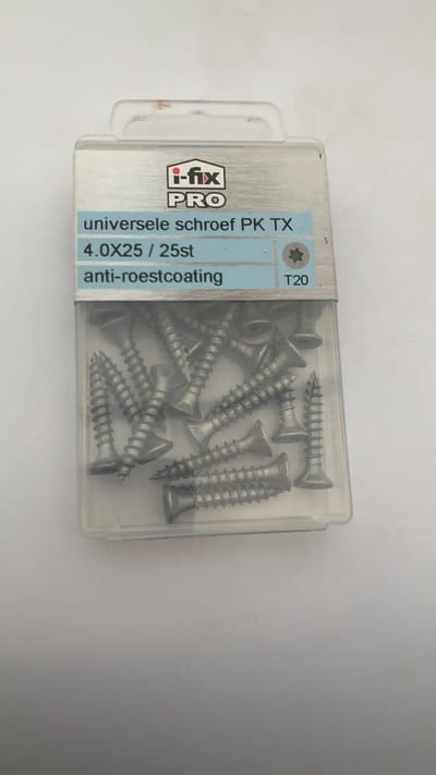 Houtschroef. 4.0 x 25mm. lang. platkop-Torx-T-20. Anti-roest-coating. 25 stuks Spaanplaatschroef. Ifix-Pro.
