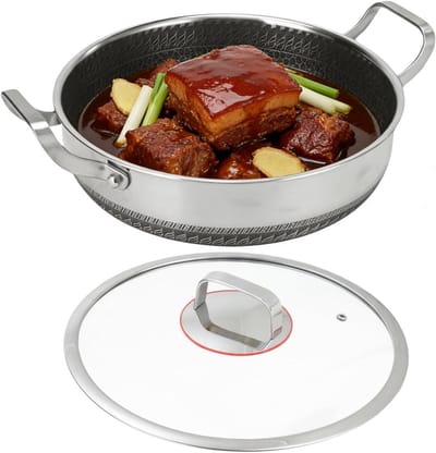 Braadpan Met Deksel | Dubbele Handvatten Antiaanbak RVS Keukengerei Met Deksel - Ovenbestendige Koekenpan,Voor Koken Bakken Roerbak Omelet Pannenkoeken Steaks