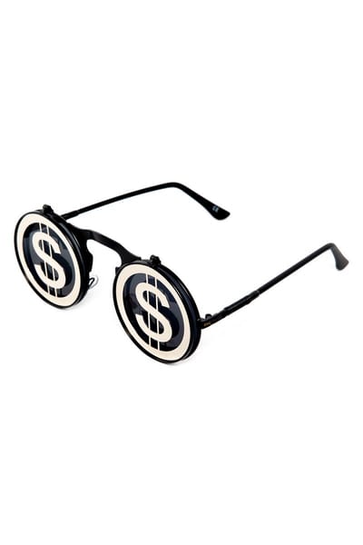 KIMU® Flip Up Zonnebril Dollartekens - Zwart Montuur - Zilver Zwarte Glazen - Geld Money Dollars Miljonair Steampunk Vintage Opplakbaar Bril Festival