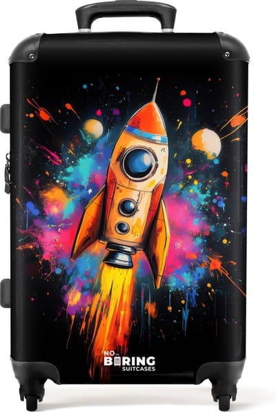 NoBoringSuitcases.com® - Kinderkoffer jongen - Kindertrolley jongens - Raket in de ruimte met graffiti - Koffer kind groot - Rolkoffer lichtgewicht - Reiskoffer met 4 wielen - Grote trolley XL - 20 kg bagage