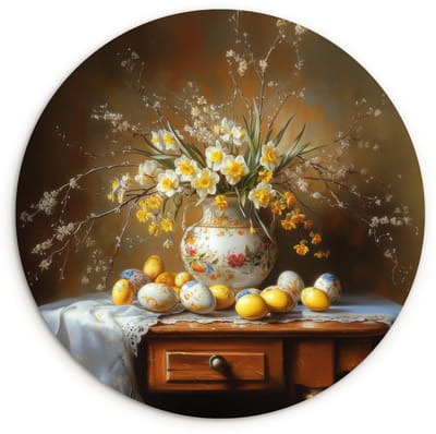 WallCircle® Wandcirkel 120x120 cm - Muurcirkel Paaseieren - Stilleven - Vaas - Muurdecoratie woonkamer - Wanddecoratie slaapkamer - Kamer decoratie accessoires - Ronde schilderijen XXL