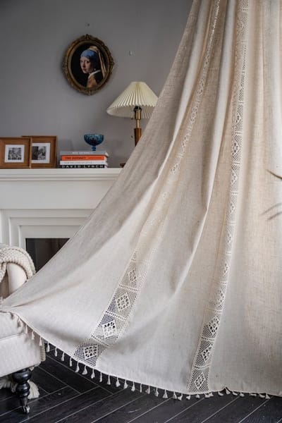 Boho gordijn haakjes kanten patchwork semi-blackout bohemian handgemaakte kwastjes, staaf pocket raambehandeling vintage rustieke boerderij gordijnen voor woonslaapkamer, 59 "W x 63"L(150X160cm),-beige