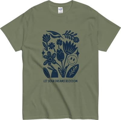 Dromen en Bloemen T Shirt - Positieve Quote & Illustratie - Dames & Heren - Khaki/Blauw S