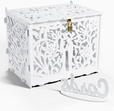 Bruiloftskaartdoos - Bruid en Bruidegom - Gasten Ontvangen - Rustieke Vergrendeling - 30 x 24 x 21.5 cm - Wit