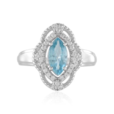 Cavill - Zilveren ring platina verguld - 1,415 ct Marquise Ratanakiri zirkoon - 28x pavé Cambodjaanse zirkonia - Elegante ring met blauwe steen