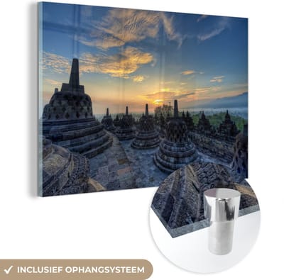 ® Glasschilderij 180x120 cm - Schilderij acrylglas - Unieke lucht boven de Borobudur tempel in Indonesië - Foto op glas - Muurdecoratie woonkamer - Wanddecoratie slaapkamer - Schilderijen