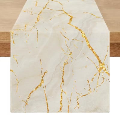 Tafelloper - Modern design met abstracte marmerlook en gouden textuur, linnenlook - Voor eettafel, salontafel, dressoir, bijzettafel en slaapkamer - Wit Goud 40 x 180 cm