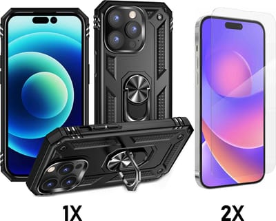 Casemania Hoesje Geschikt voor Apple iPhone 14 Pro Max - Zwart / 2X Glazen Screenprotector - Anti-Shock Hybrid Armor Back Cover - Hoes met Kickstand Ring