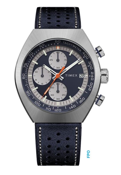Timex Legacy Tonneau Chronograph Quartz Chronograaf Horloge Blauw En Zilverkleurig Kast Gemaakt Van 100% Roestvrij Staal En Een Armband Van 100% Leer 42 TW2W93500AJ