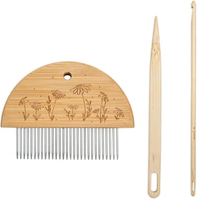 Weefkam - Houten Tool - Handweven - Roestvrij Staal Tanden - 10 x 7.5 cm - Houtkleurig