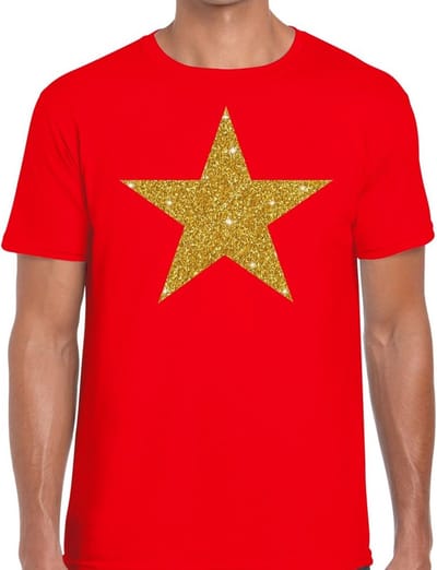 Bellatio Decorations Verkleed T shirt heren - rood - Glitter and Glamour Ster - glitter goud - Bling Bling S