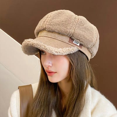 Chapeau d'automne et d'hiver pour enfants, chapeau octogonal tendance en imitation laine d'agneau, chapeau d'hiver chaud et coupe-froid à visière One Size beige