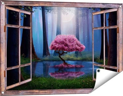 Gards Tuinposter Doorkijk Roze Boom op een Vijver in de Nacht - 90x60 cm - Tuindoek - Tuindecoratie - Wanddecoratie buiten - Tuinschilderij