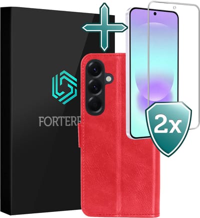 Hoesje Met 2x Screenprotector - Geschikt voor Samsung Galaxy A37 - Luxe Pasjeshouder - Flip Case - Bookcase Portemonee - Kunstleer Book Case - Flipcase Hoes - Book Cover - Walletcase - Portemonneehoes - Rood