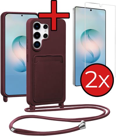 Hoesje Geschikt voor Samsung S26 Ultra Hoesje Siliconen Case Met Koord Met 2x Screenprotector - Hoes Geschikt voor Samsung Galaxy S26 Ultra Hoesje Backcover Met Telefoonkoord - Aubergine