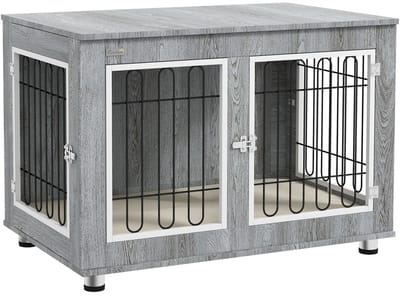 Merax Hondenbench Grijs 90x58x65 cm Met Kussen Dubbeldelige Hondenkooi Voor Middelgrote Hond Stijlvol Binnengebruik