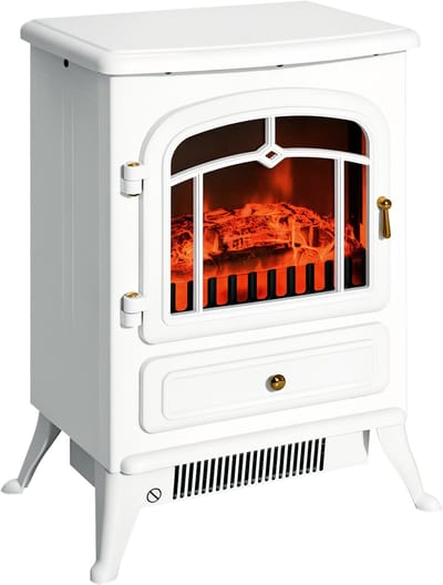 Sfeerhaard Elektrisch - Vrijstaande elektrische - Elektrische kachel - Elektrische haard - 950/1850W - LED Vlameffect - Met thermostaat - Met Oververhittingsbeveiliging - Retro stijl - 41x28x54 cm - Wit