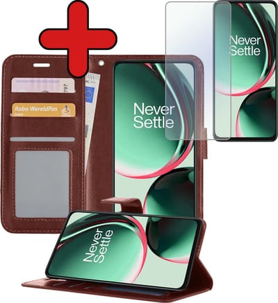 Hoesje - Met Screenprotector - Geschikt voor OnePlus Nord CE 3 Lite - Luxe Pasjeshouder - Flipcase - Bookcase Portemonee - Flip Case - Kunstleer Book Case - Book Cover - Walletcase - Portemonneehoes - Telefoonhoes - Bruin