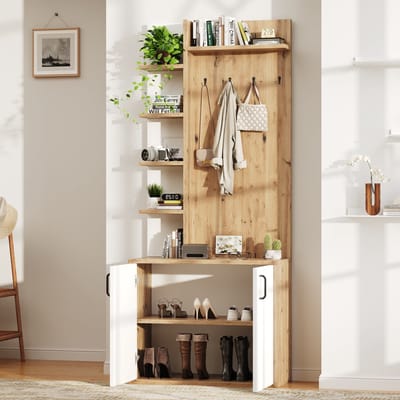 DESMIU Schoenenrek Met Opbergruimte - Open Planken En Gesloten Kast Voor Hal En Entree - Spaanplaat - Naturel Hout Wit - 75 X 33 X 180 Cm