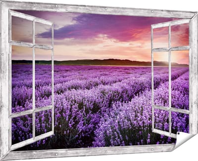 Gards Tuinposter Doorkijk Bloemenveld met Paarse Lavendel - Bloemen - 180x120 cm - Tuindoek - Tuindecoratie - Wanddecoratie buiten - Tuinschilderij