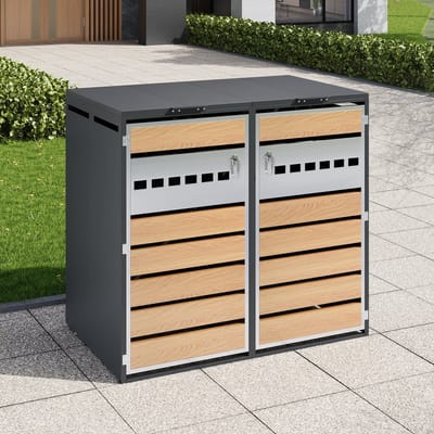 MIVRAY Afvalcontainerbox Met Klapdeksel Voor Twee Containers 2 Delig Verzinkt Staal Grijs Houtlook Voor Tuin En Buitenruimte